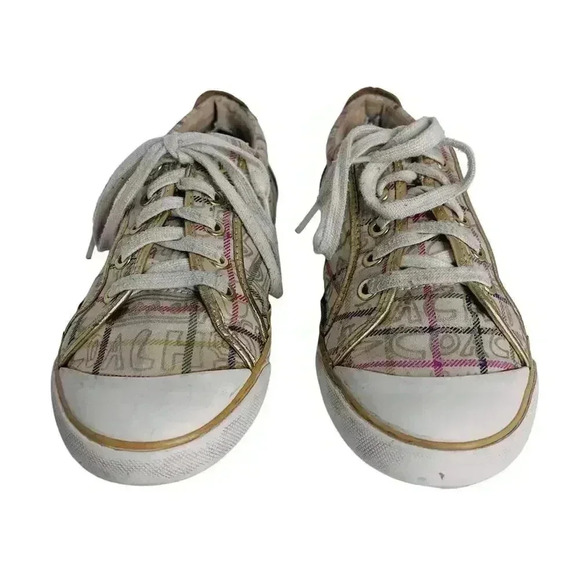 Coach Barrett Cream Multicolored Plaid Gold Leather Sneakers Canvas Size 9.5 - Picture 3 of 12